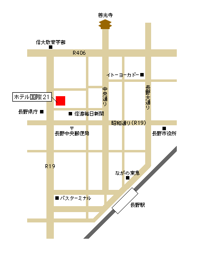 問合せ先ホテル国際21までの地図